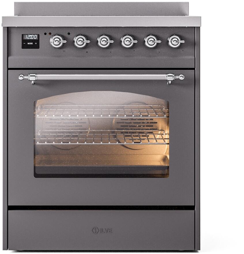 Freestanding induction range with matte graphite door and clear oven window