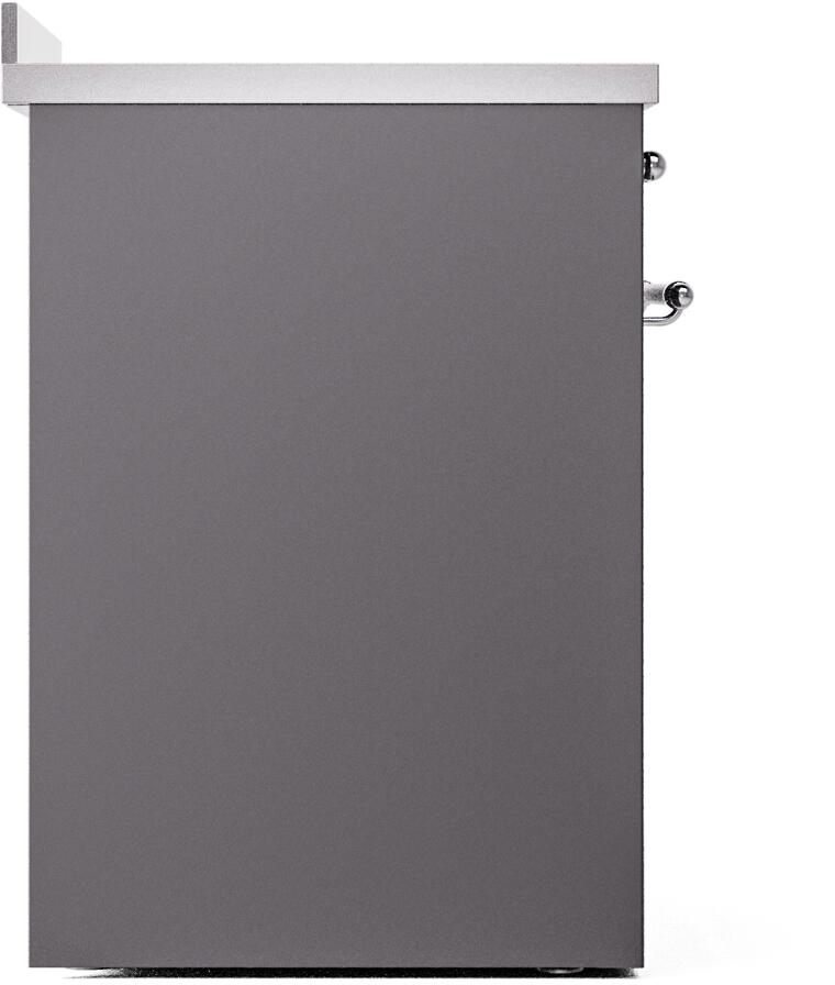 Matte graphite freestanding induction range side panel with chrome handle trim