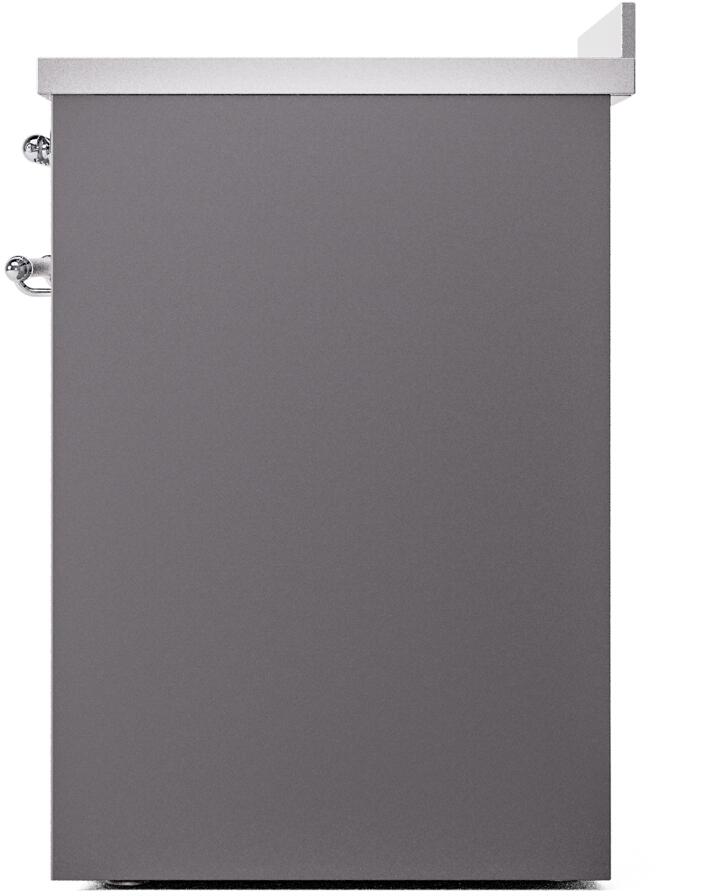 Matte graphite induction range back panel with side hardware and vented finish
