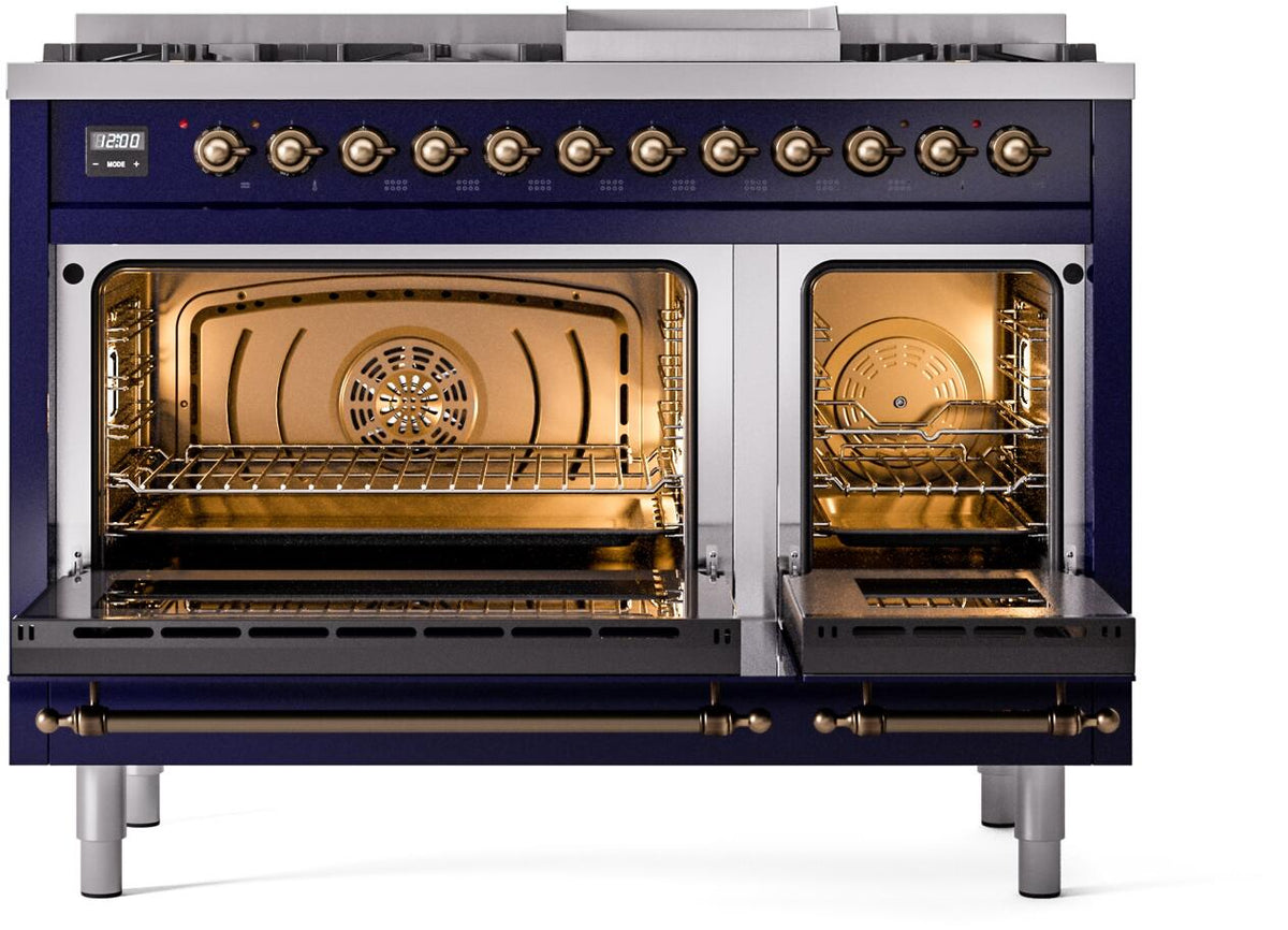 Freestanding range with oven doors open, showing two heated compartments