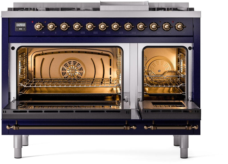 ILVE Nostalgie II 48-Inch Dual Fuel Freestanding Range in Midnight Blue with Bronze Trim (UP48FNMPMBB)