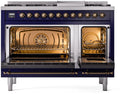 ILVE Nostalgie II 48-Inch Freestanding Natural Gas Dual Fuel Range in Midnight Blue with Bronze Trim (UP48FNMPMBB)