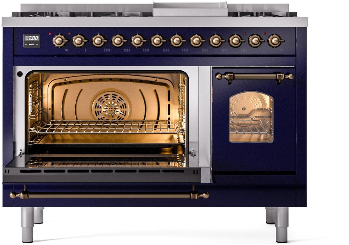 Freestanding dual fuel range with open oven doors and racks inside