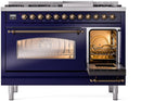 ILVE Nostalgie II 48-Inch Freestanding Natural Gas Dual Fuel Range in Midnight Blue with Bronze Trim (UP48FNMPMBB)