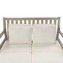 Parrot Uncle Outdoor Patio Daybed with Four Pillows, Wooden Outdoor Bed with Curved Armrests for Poolside, Backyard, Garden