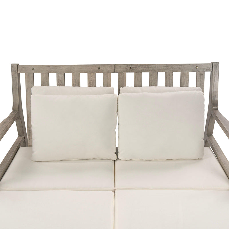 Parrot Uncle Outdoor Patio Daybed with Four Pillows, Wooden Outdoor Bed with Curved Armrests for Poolside, Backyard, Garden