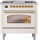 ILVE Nostalgie II 36-Inch Freestanding Natural Gas Dual Fuel Range in Antique White with Brass Trim (UP36FNMPAWG)