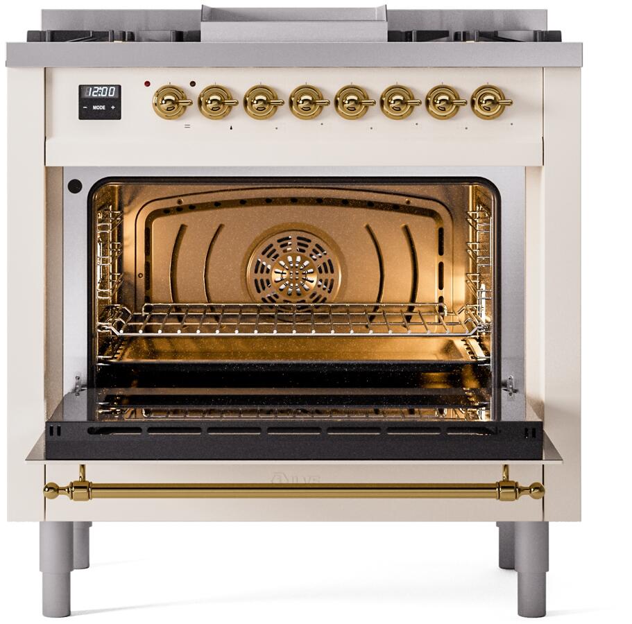 Antique white range oven door open with illuminated interior and wire racks