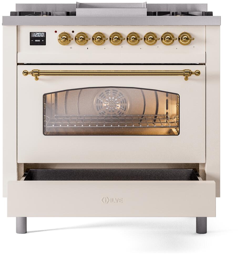 Antique white range with brass knobs, glass oven door, and warming drawer front