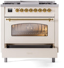 ILVE Nostalgie II 36-Inch Freestanding Natural Gas Dual Fuel Range in Antique White with Brass Trim (UP36FNMPAWG)