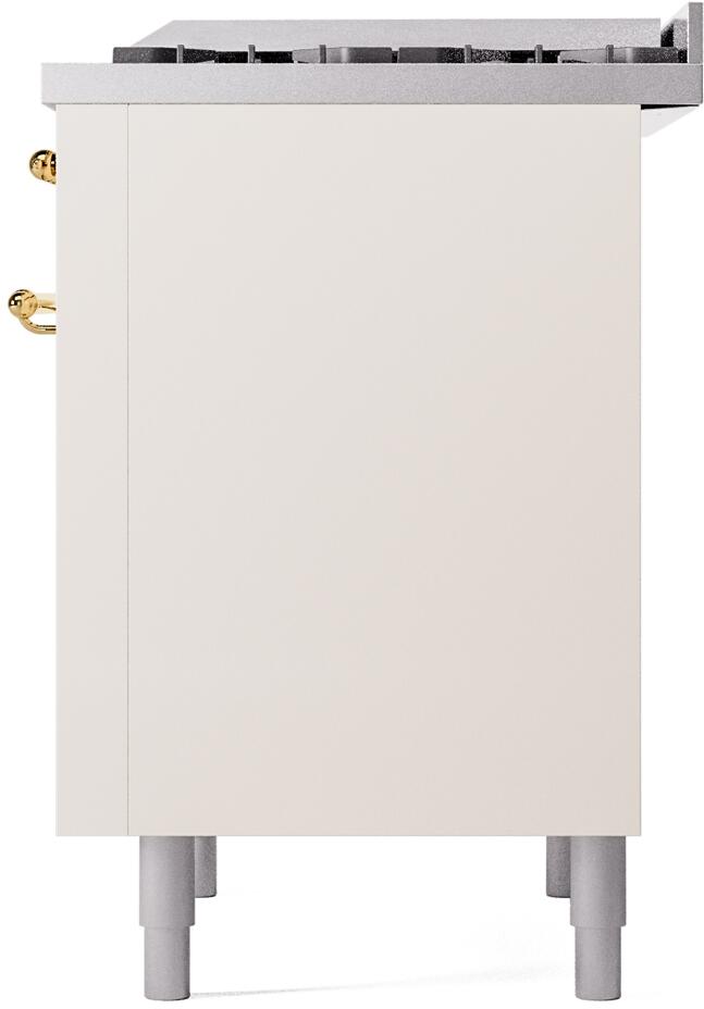 Antique white freestanding range side panel with gray legs and brass trim detail