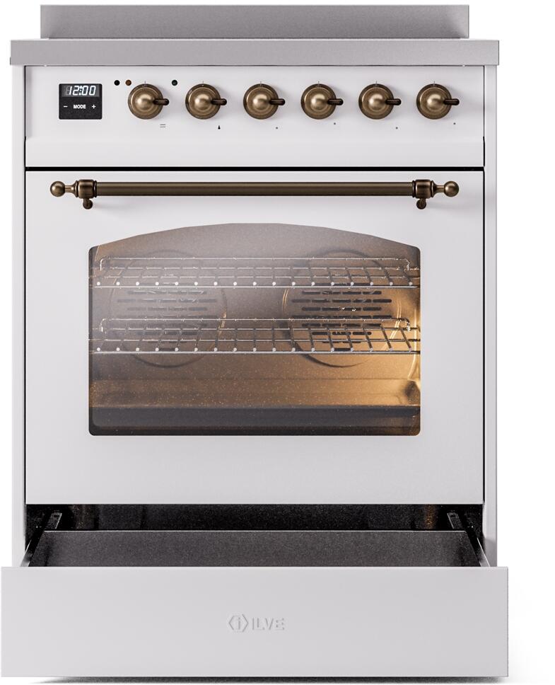 White freestanding induction range with bronze control knobs and glass oven door window