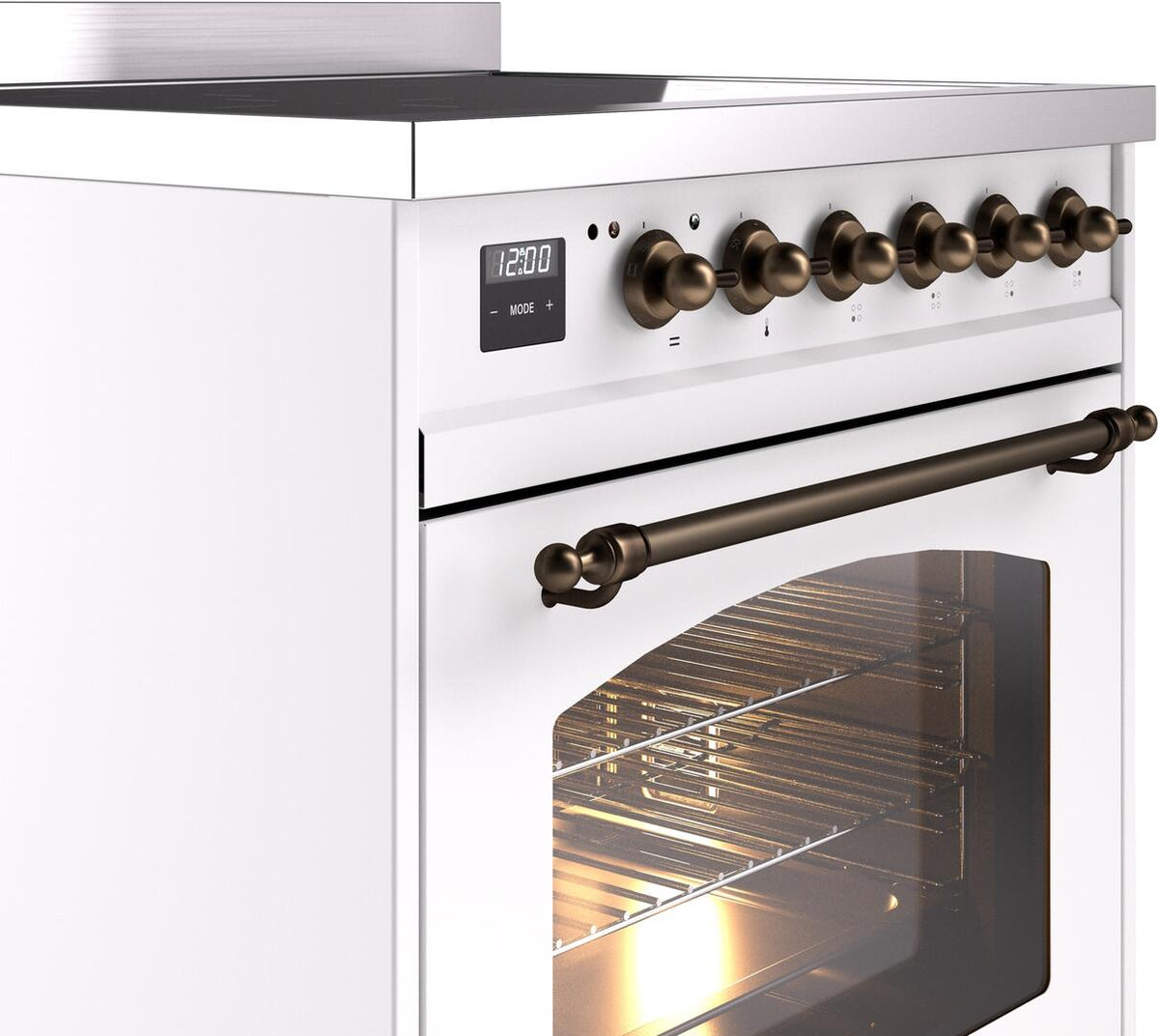 White cooktop with bronze control knobs, front rail handles, and open oven door window