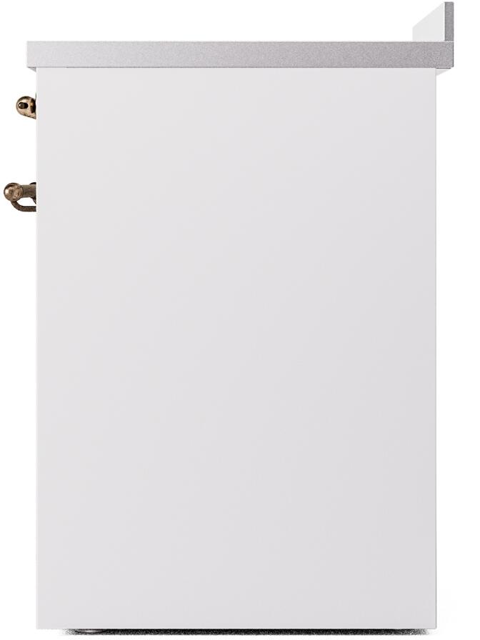 White side panel of freestanding induction range with bronze hinge hardware
