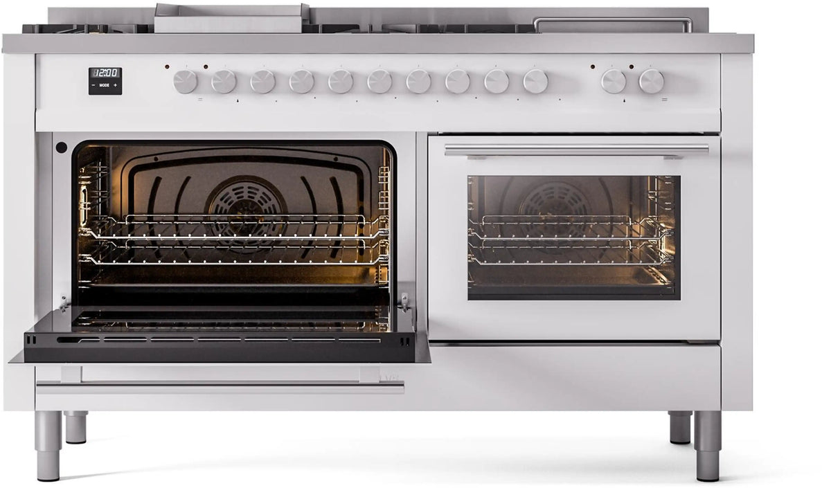 White dual fuel range front view with left oven door open and right oven door closed