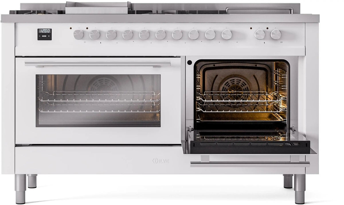 White dual-fuel range with left oven closed and right oven open, racks visible