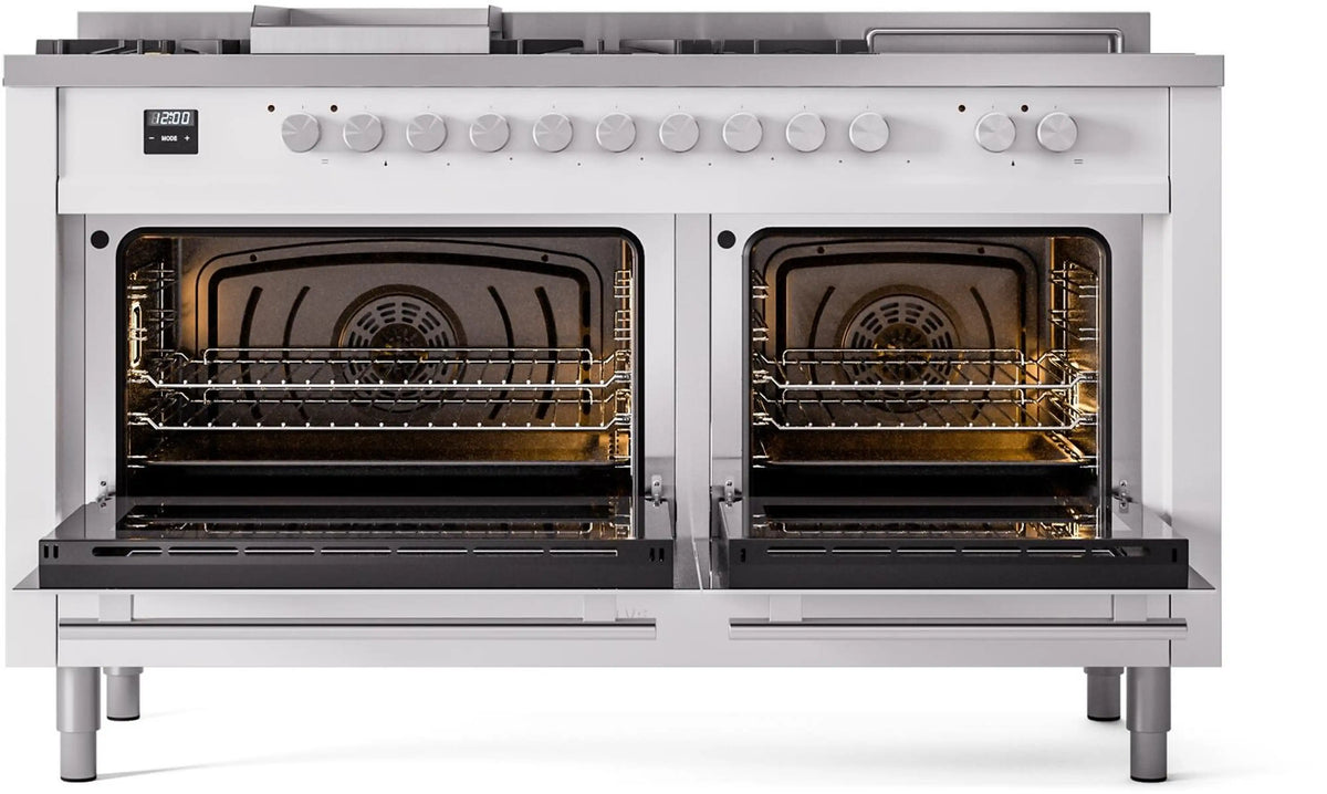 White dual fuel range with two ovens open, showing racks and heated oven interiors