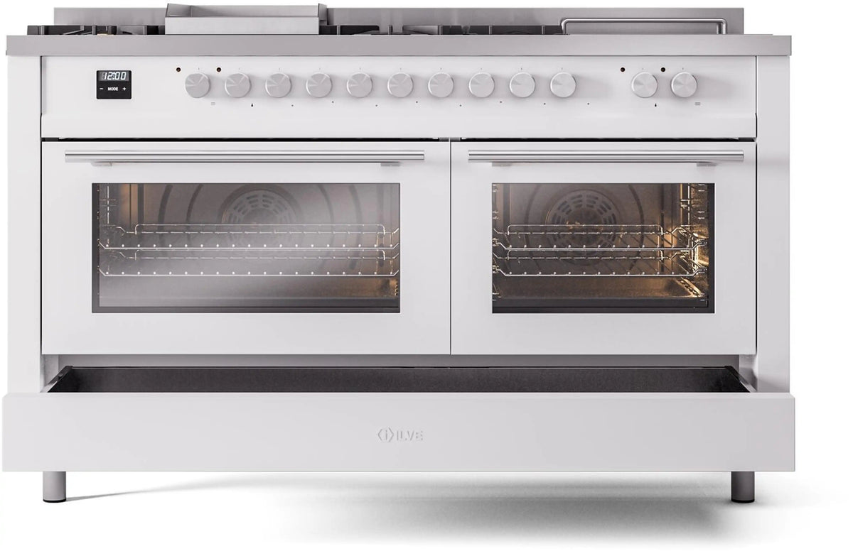 White dual-fuel range with dual glass ovens, cooktop knobs, and drawer-style handle