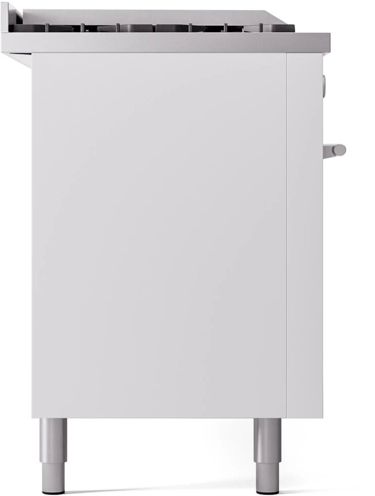ILVE white dual-fuel range with front panel and control area, standing on legs