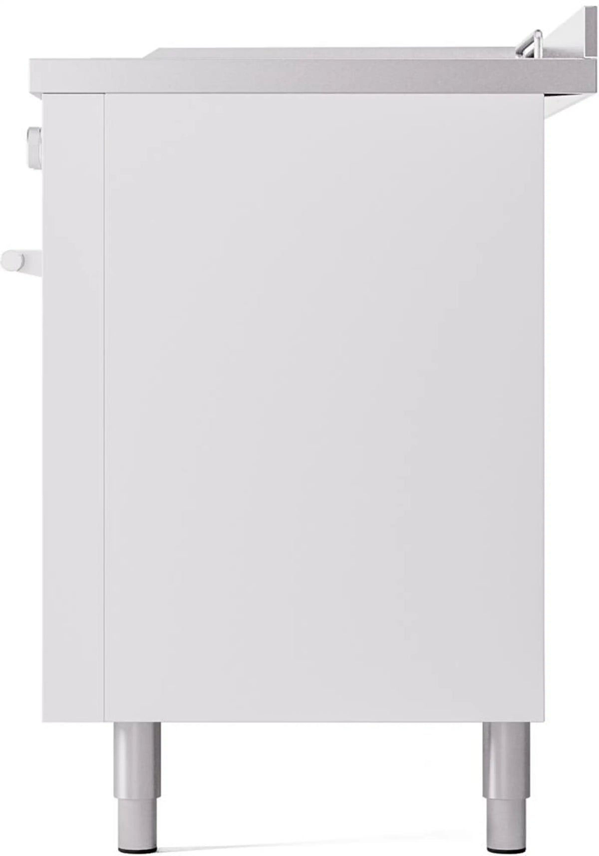 White lower storage panel on a freestanding dual fuel range with four legs