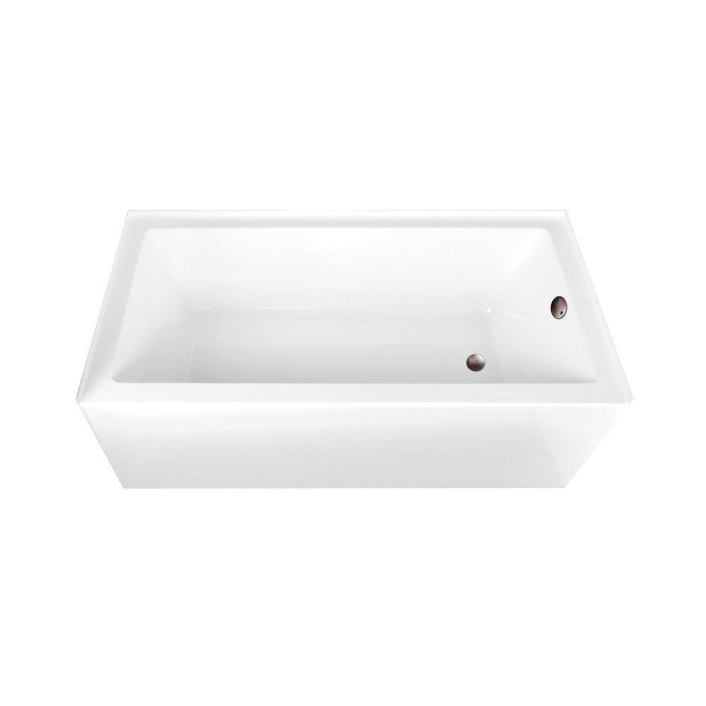 Glossy white rectangular alcove acrylic bathtub with bronze drain and overflow