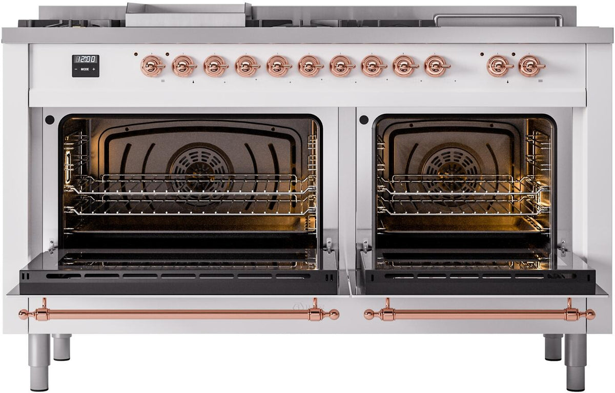 White dual-fuel range with both ovens open, copper front handles, and racks inside