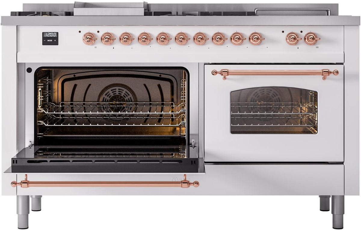 White dual-fuel gas range with left oven open and right oven door window closed