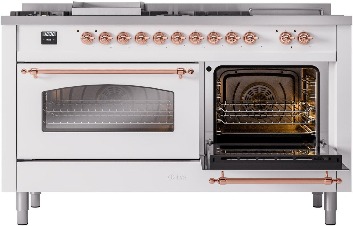 White dual-fuel gas range with left oven window closed and right oven open