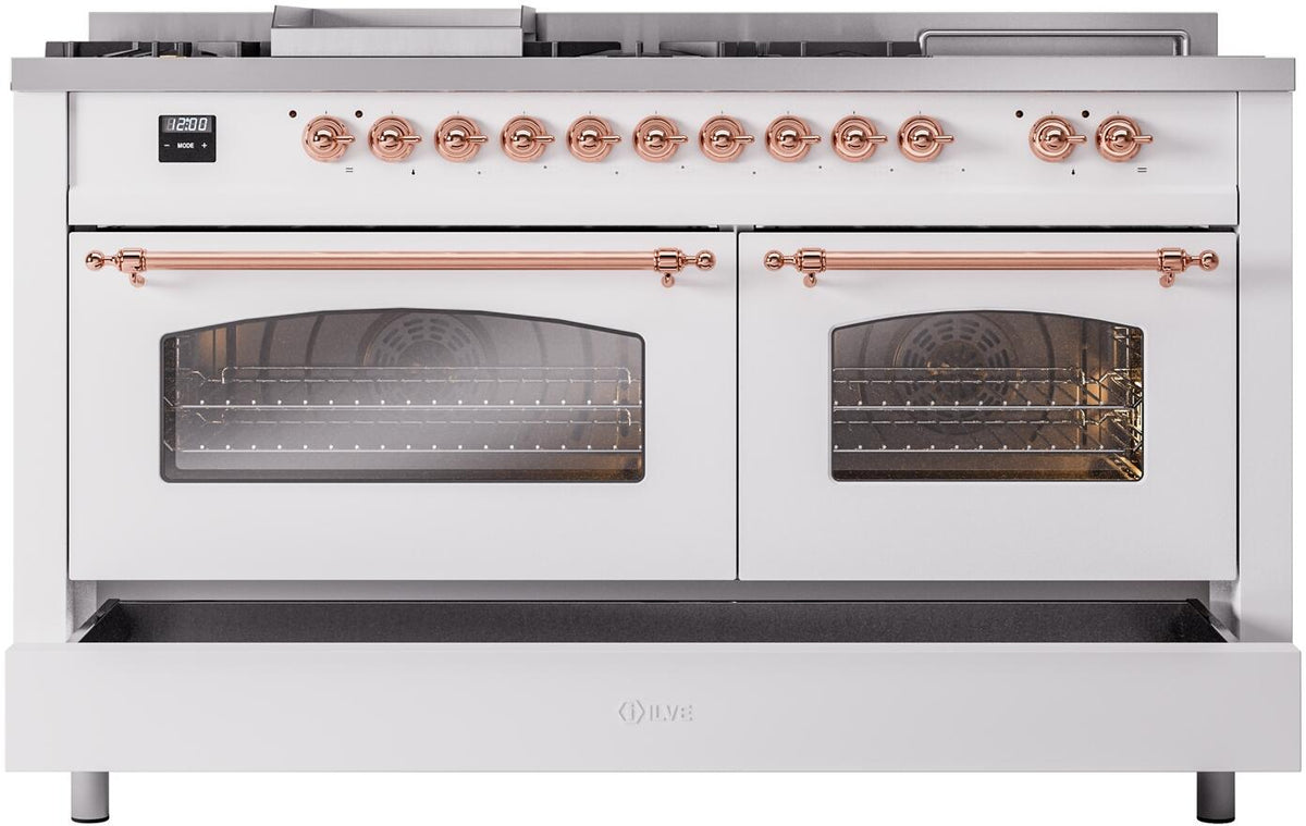 White dual-fuel gas range with both oven doors closed and glass windows