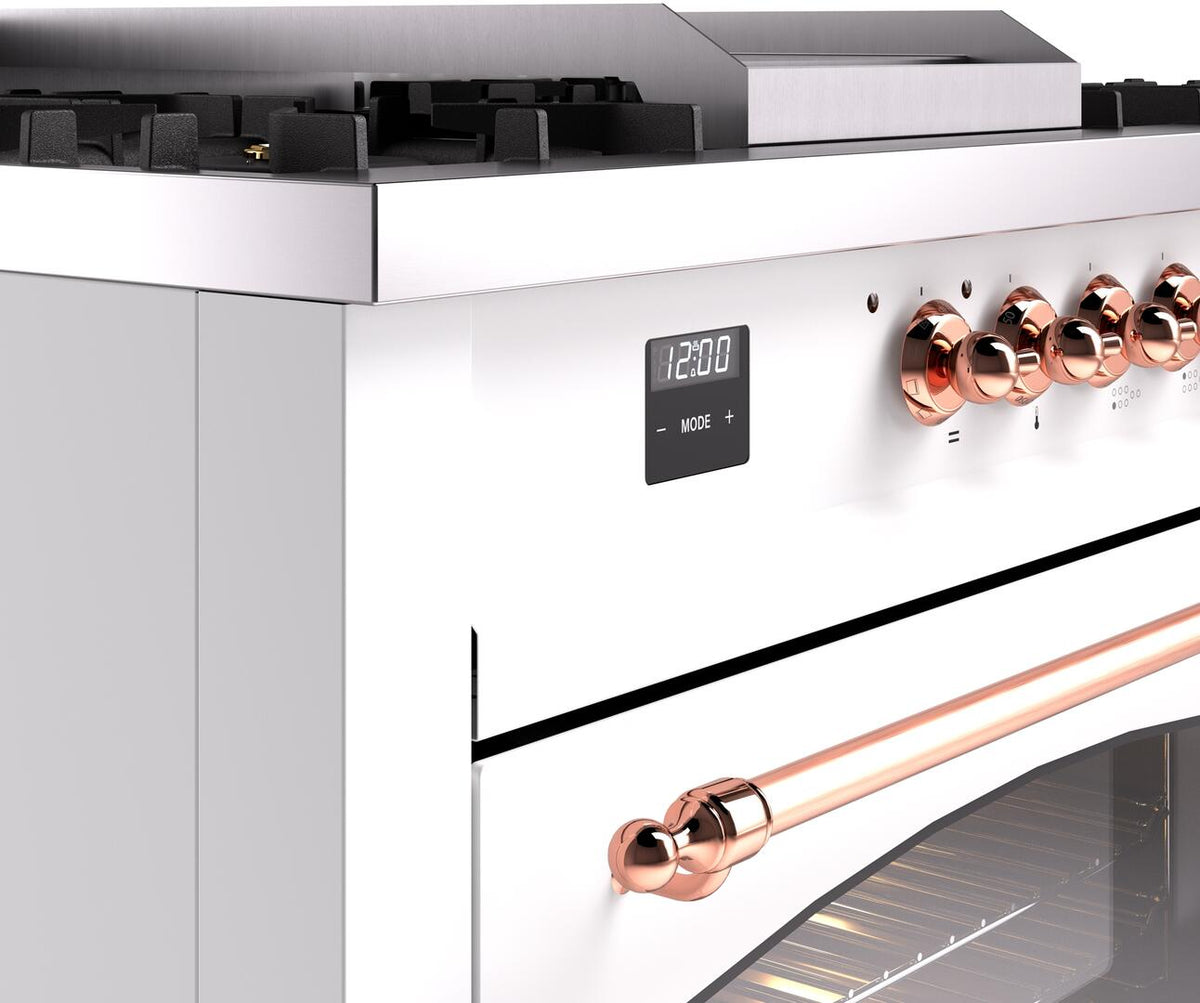 White dual-fuel gas range control panel with copper knobs and digital display