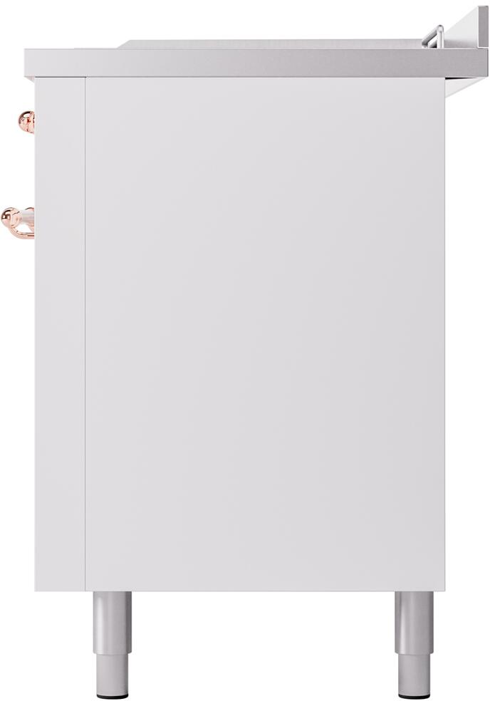 White dual-fuel gas range side panel with leveling legs and copper control knob edge