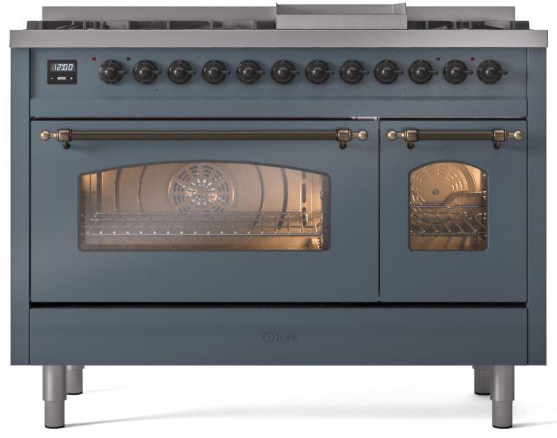 Blue-gray freestanding dual fuel range with bronze handles and single oven window