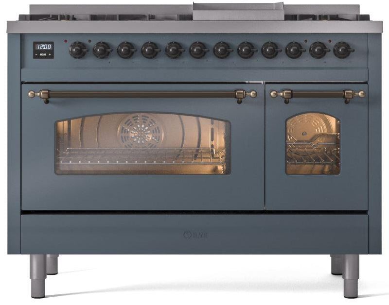 ILVE Nostalgie II 48-Inch Dual Fuel Freestanding Range in Blue Grey with Bronze Trim (UP48FNMPBGB)