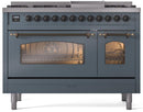 ILVE Nostalgie II 48-Inch Freestanding Natural Gas Dual Fuel Range in Blue Grey with Bronze Trim (UP48FNMPBGB)