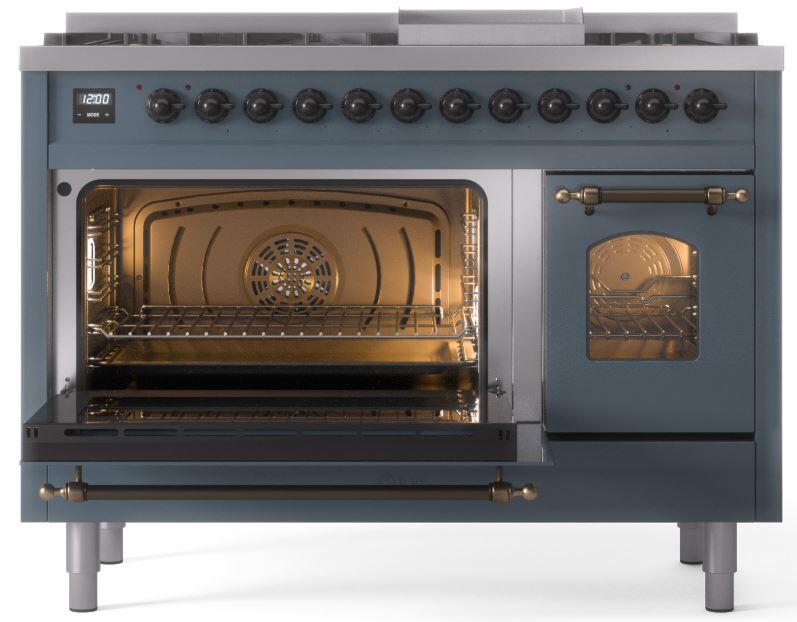 Blue-gray freestanding dual fuel range with oven door open and interior baking racks