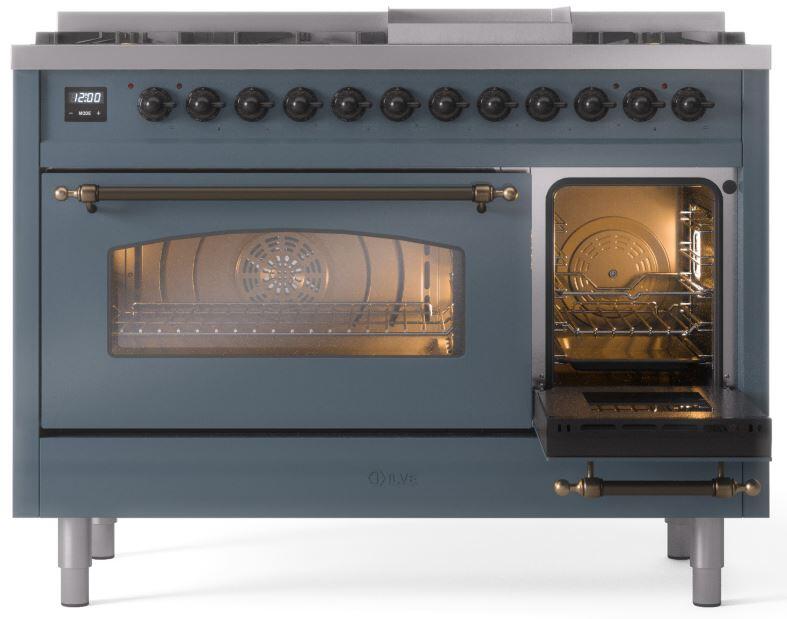 Blue grey freestanding dual-fuel range with one oven door open and lit interior