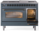ILVE Nostalgie II 48-Inch Freestanding Natural Gas Dual Fuel Range in Blue Grey with Bronze Trim (UP48FNMPBGB)