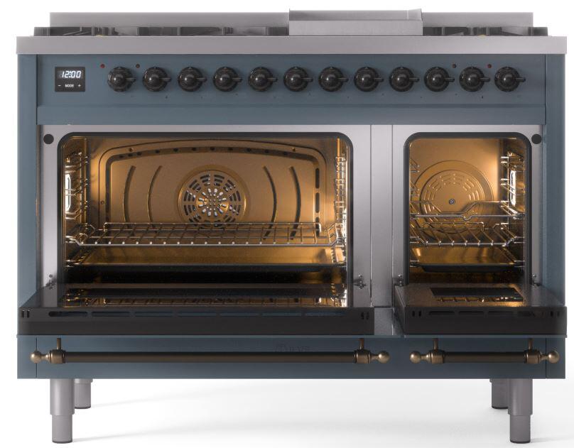 Blue-gray dual fuel range with both oven doors open and bronze trim across handle bar