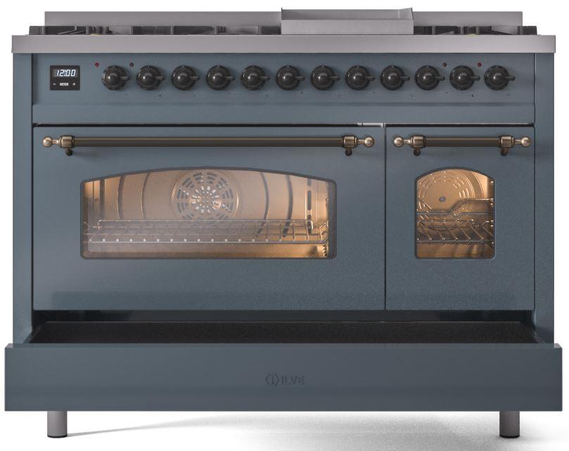 Blue-gray freestanding range front with oven doors, bronze handles, and control knobs