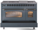 ILVE Nostalgie II 48-Inch Freestanding Natural Gas Dual Fuel Range in Blue Grey with Bronze Trim (UP48FNMPBGB)