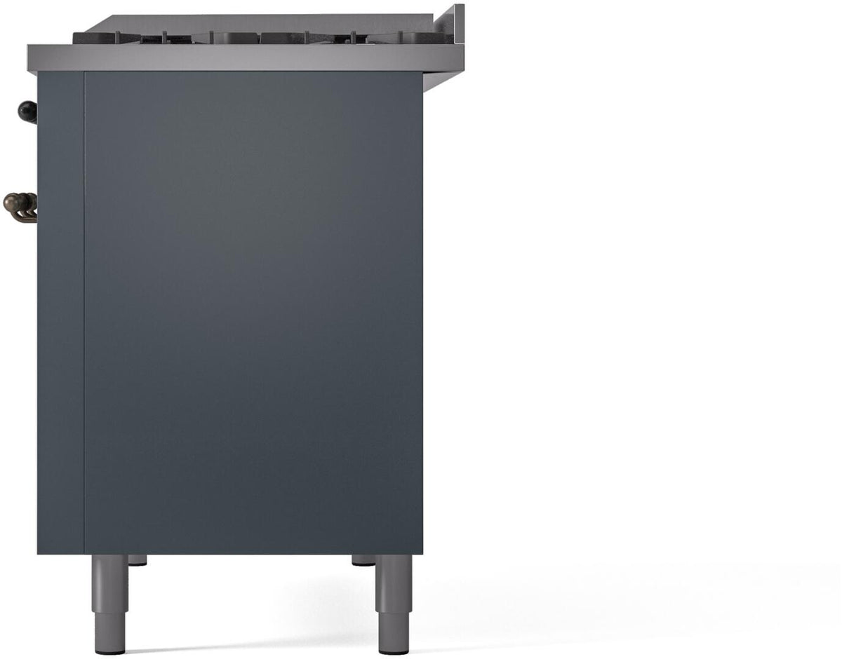 Rear three-quarter view of blue-gray freestanding dual fuel range with four legs