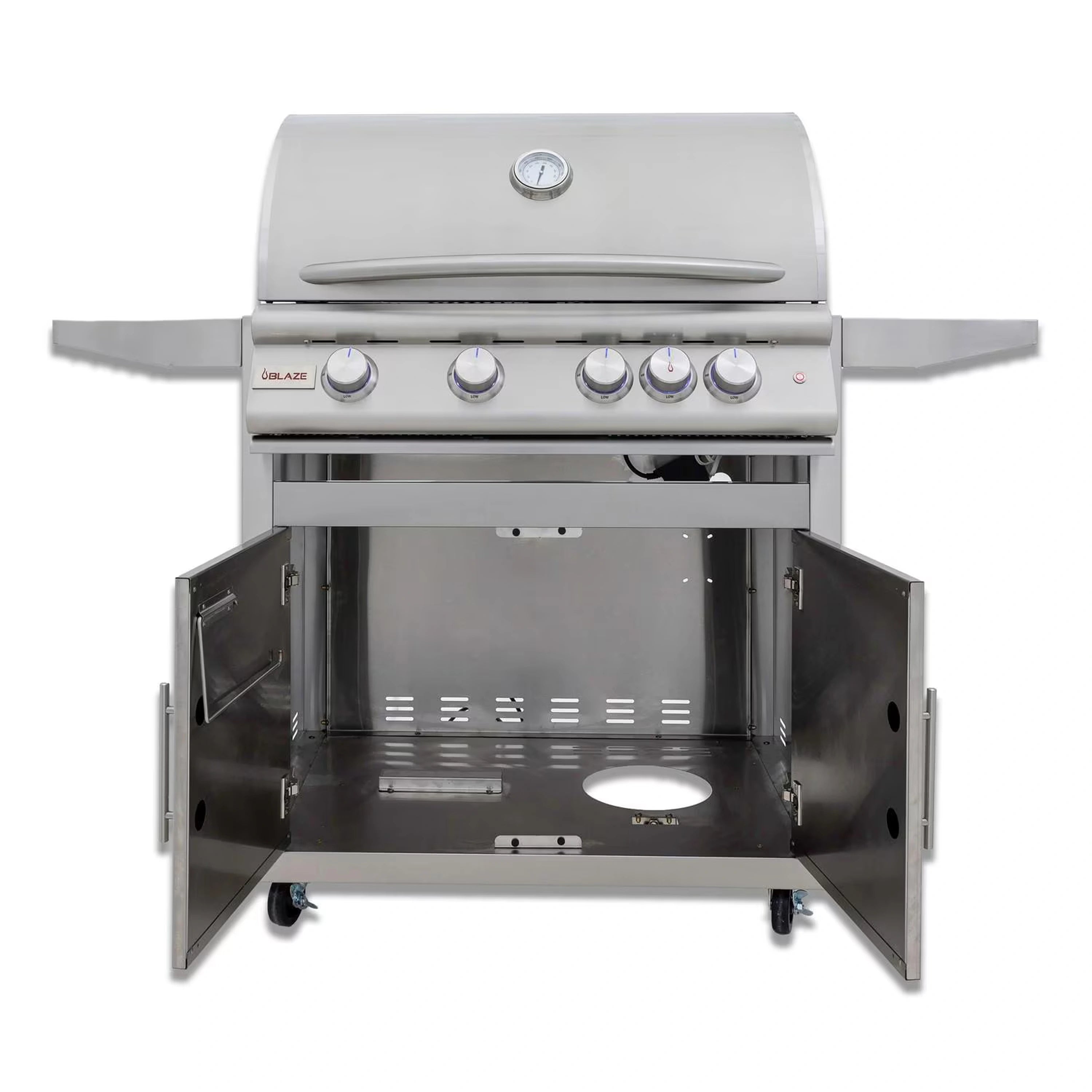 Open stainless steel propane grill with four burner controls and enclosed cabinet doors