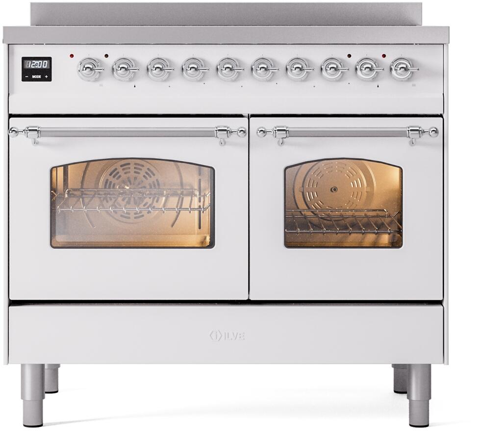 White freestanding induction range with chrome knobs and dual oven doors