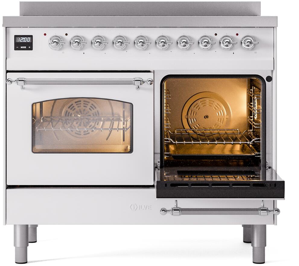 Freestanding induction range with right oven door open and baking racks inside