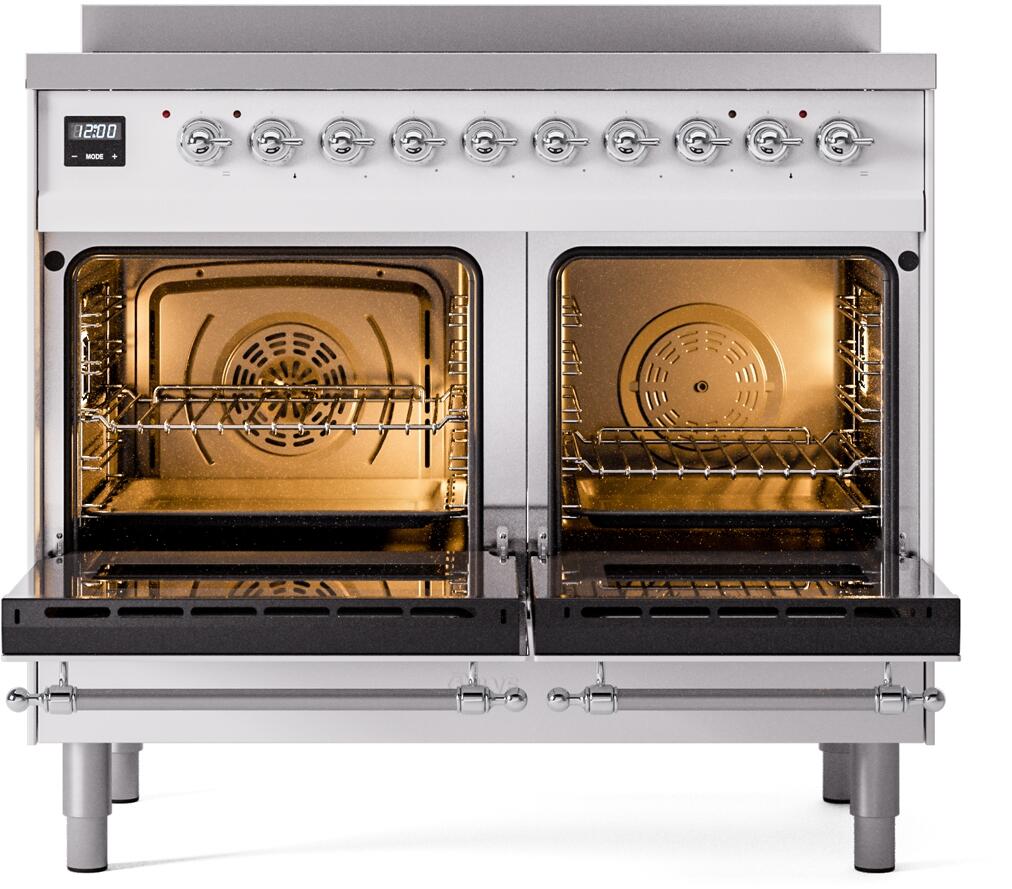 Freestanding electric induction range with two open ovens, chrome trim, control panel