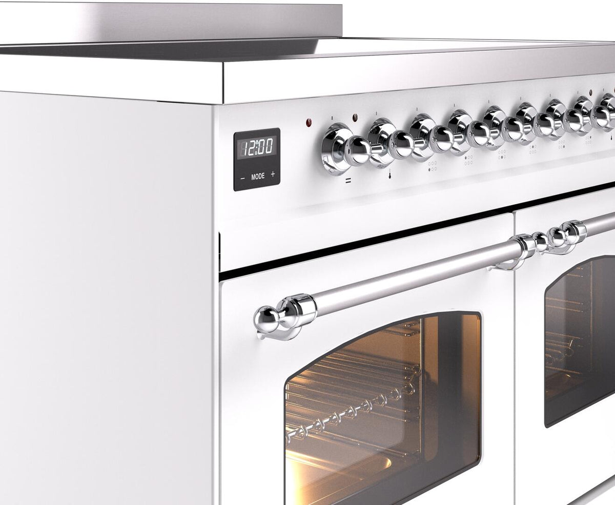 Freestanding induction range control panel with chrome knobs and oven door window
