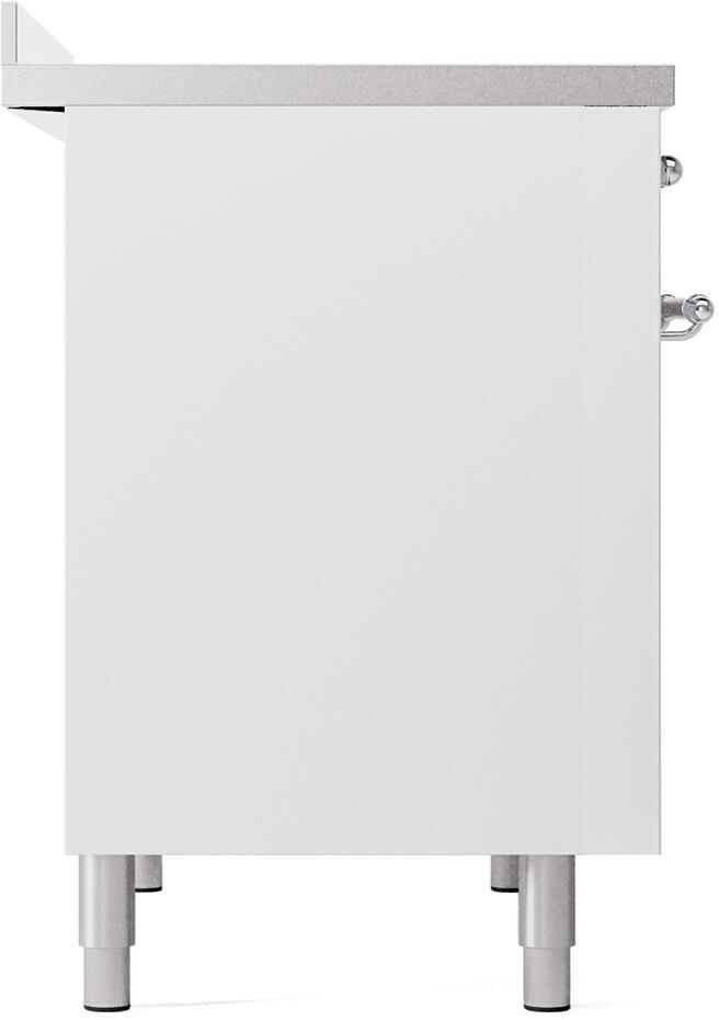 White freestanding induction range side panel with chrome handle and leveling legs