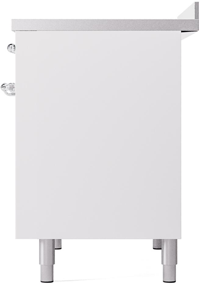 White freestanding induction range back corner with side handle and leveling legs