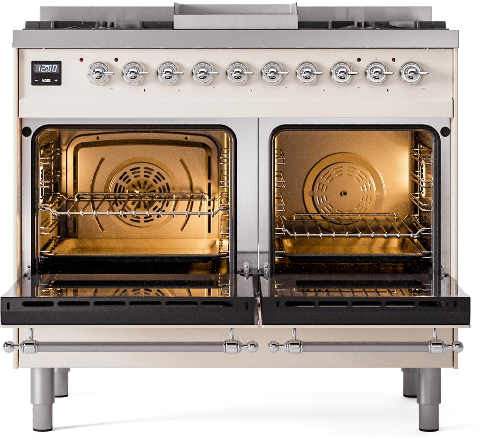 Freestanding gas range with both ovens open, chrome racks visible inside, antique white body.