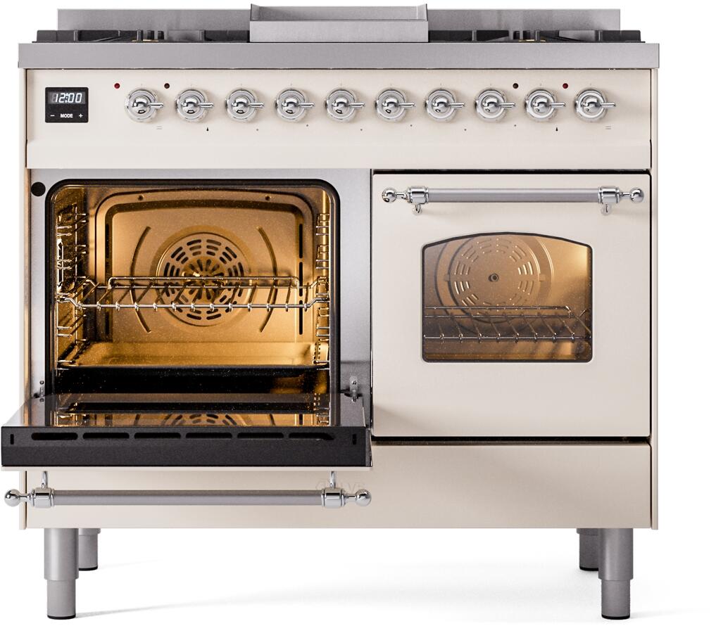 Antique white dual fuel range with left oven open and right oven door window
